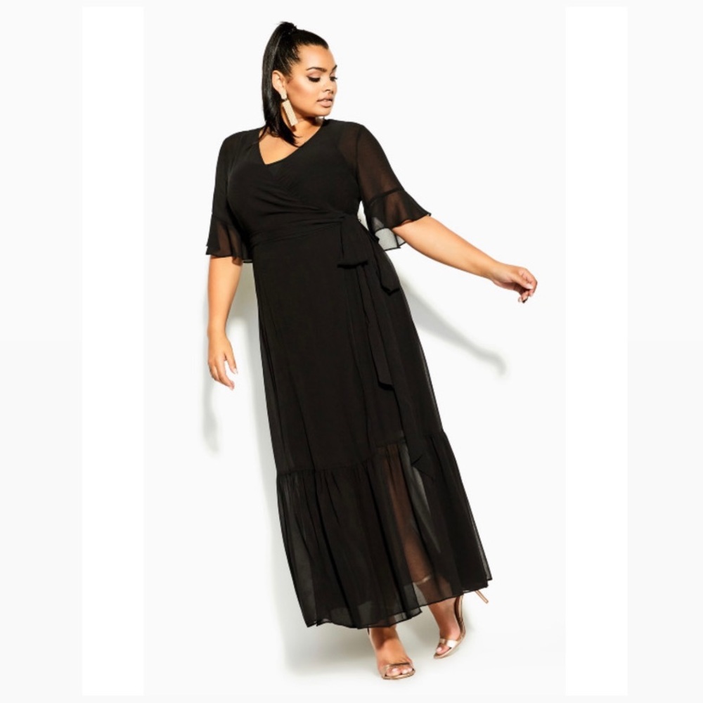 NEW City Chic Black Maxi Flutter Wrap Dress size M/18